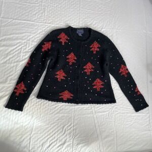 Eagle's Eye Women's Christmas Sweater Size M Black Red Tree Sequin Button Front